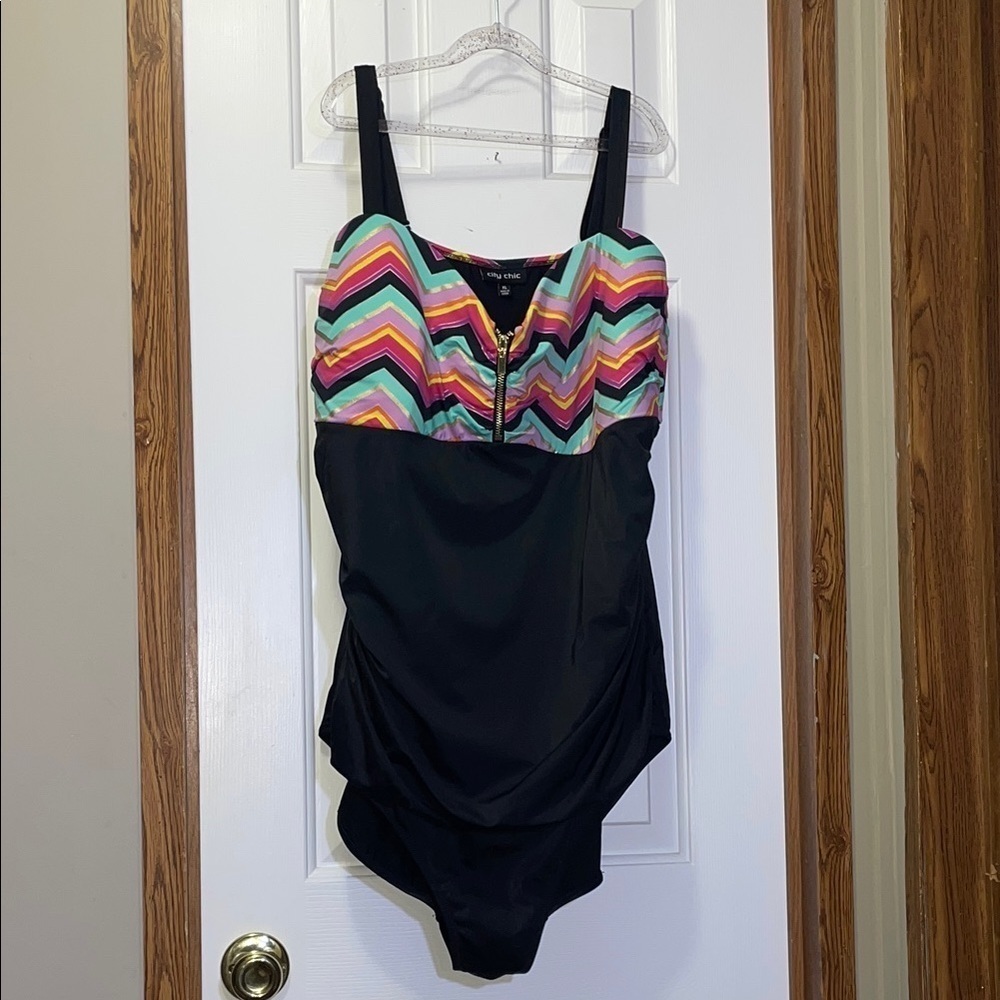 City Chic Multicolor Chevron One Piece Swimsuit XL EUC
